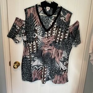 Yvonne Marie Top Women XXL Multicolor Excellent Cold Shoulder Mixed Print Blouse